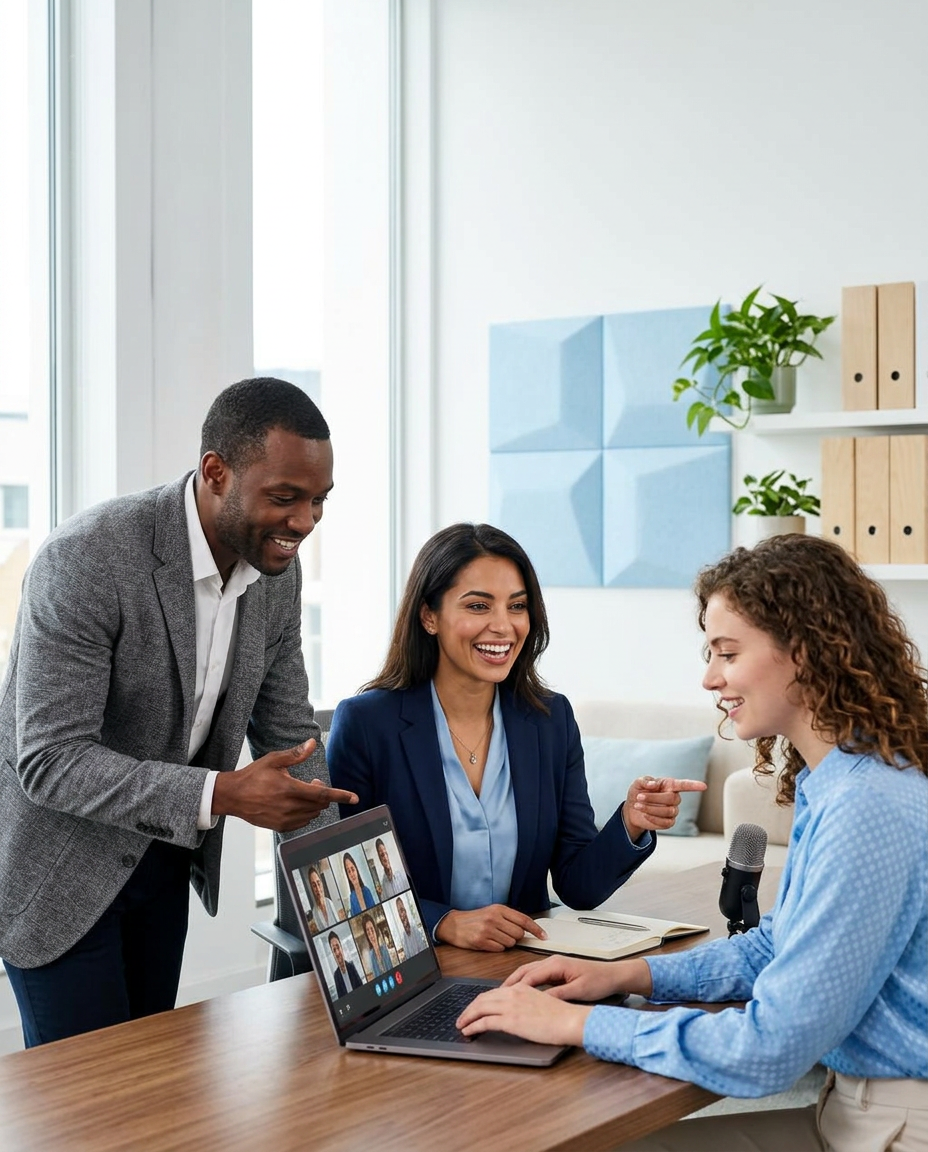 A sales manager and sales professionals collaborating in a bright office